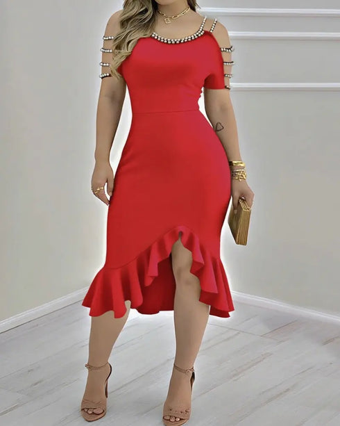 Off Shoulder Sleeveless Casual Cinch Ruffles Slit Buckle Dec Mid-Calf Dress red