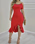 Off Shoulder Sleeveless Casual Cinch Ruffles Slit Buckle Dec Mid-Calf Dress red