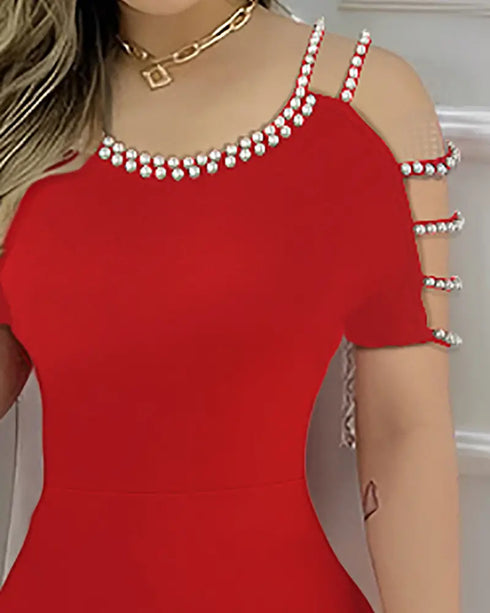 Houndstooth Print Off Shoulder Bodycon Dress Ruffle Hem Vintage Mid-length Dress red