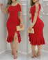 Beaded Details Off The Shoulder Ruffles Hem Slit Bodycon Party Dress red