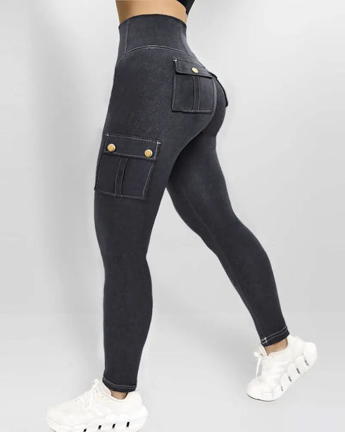 High Waist Tummy Control Butt Lifting Denim Look Leggings Stretchy Yoga Pants with Flap Pockets black