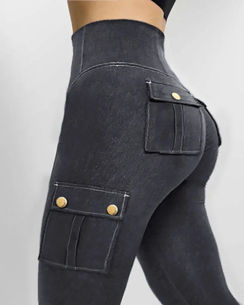 High Waist Tummy Control Butt Lifting Denim Look Leggings Stretchy Yoga Pants with Flap Pockets black
