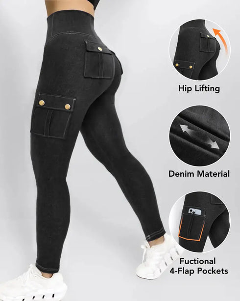 Butt Lifting Leggings with Flap Pockets High Waist Tummy Control Workout Cargo Pants black