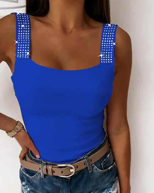 Rhinestone Embellished Thick Strap Tank Top blue