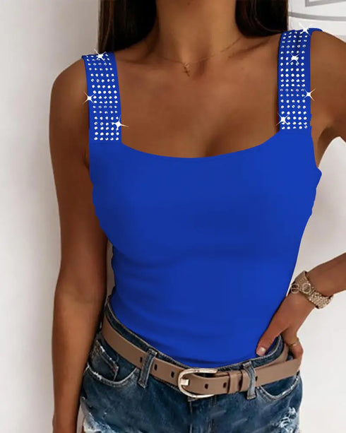 Rhinestone Embellished Thick Strap Tank Top blue