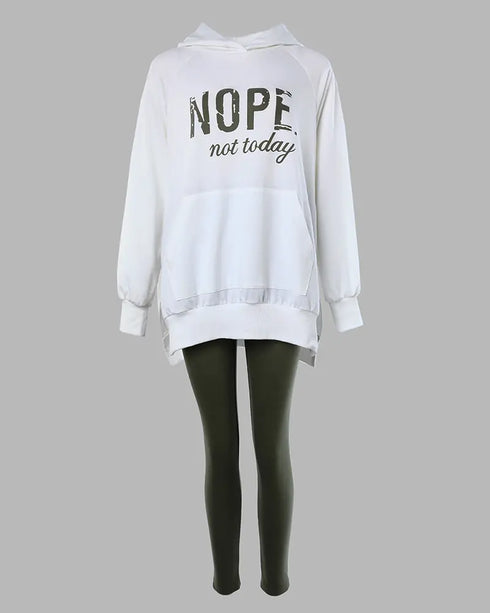 2 Pieces Outfit Nope. not today Slogan Print Kangaroo Pocket Side Slit High-Low Hem Hoodie Sweatshirt and Elastic Waist Slim Fit Sweatpants Set Army green