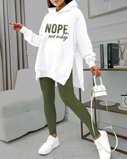 2 Pieces Outfit Nope. not today Slogan Print Kangaroo Pocket Side Slit High-Low Hem Hoodie Sweatshirt and Elastic Waist Slim Fit Sweatpants Set Army green