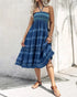 Two-Way Wear Tie Dye Tropical Print Halter Sleeveless Dress High Waist Shirred Vacation Skirt blue