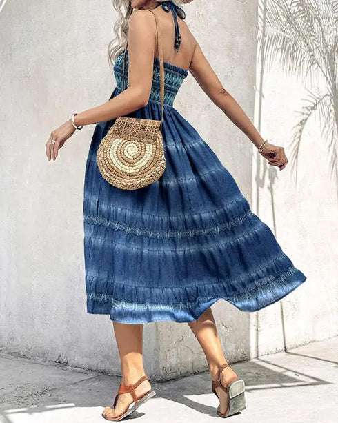 Two-Way Wear Tie Dye Tropical Print Halter Sleeveless Dress High Waist Shirred Vacation Skirt blue