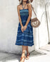 Two-Way Wear Tie Dye Tropical Print Halter Sleeveless Dress High Waist Shirred Vacation Skirt blue