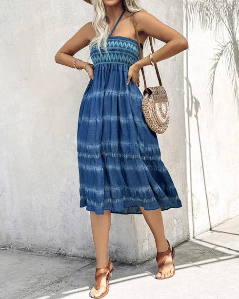 Two-Way Wear Tie Dye Tropical Print Halter Sleeveless Dress High Waist Shirred Vacation Skirt blue