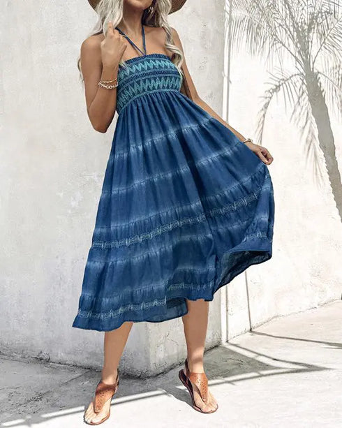 Two-Way Wear Tie Dye Tropical Print Halter Sleeveless Dress High Waist Shirred Vacation Skirt blue