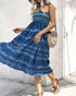 Two-Way Wear Tie Dye Tropical Print Halter Sleeveless Dress High Waist Shirred Vacation Skirt blue