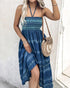 Two-Way Wear Tie Dye Tropical Print Halter Sleeveless Dress High Waist Shirred Vacation Skirt blue
