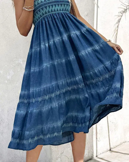 Two-Way Wear Tie Dye Tropical Print Halter Sleeveless Dress High Waist Shirred Vacation Skirt blue