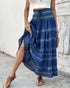 Two-Way Wear Tie Dye Tropical Print Halter Sleeveless Dress High Waist Shirred Vacation Skirt blue