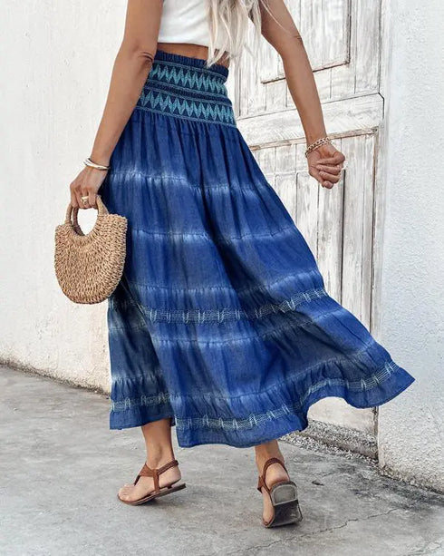 Two-Way Wear Tie Dye Tropical Print Halter Sleeveless Dress High Waist Shirred Vacation Skirt blue