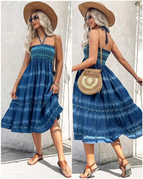 Two-Way Wear Tie Dye Tropical Print Halter Sleeveless Dress High Waist Shirred Vacation Skirt blue