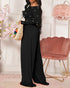 Pearls Decor Skew Neck Long Sleeve Cinched Waist Overalls Casual Ruched Zipper Back Wide Leg Jumpsuit black