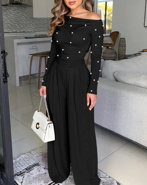 Pearls Decor Skew Neck Long Sleeve Cinched Waist Overalls Casual Ruched Zipper Back Wide Leg Jumpsuit black