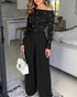 Pearls Decor Skew Neck Long Sleeve Cinched Waist Overalls Casual Ruched Zipper Back Wide Leg Jumpsuit black