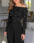 Pearls Decor Skew Neck Long Sleeve Cinched Waist Overalls Casual Ruched Zipper Back Wide Leg Jumpsuit black