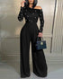 Pearls Decor Skew Neck Long Sleeve Cinched Waist Overalls Casual Ruched Zipper Back Wide Leg Jumpsuit black