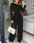 Pearls Decor Skew Neck Long Sleeve Cinched Waist Overalls Casual Ruched Zipper Back Wide Leg Jumpsuit black