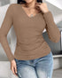 ChicMe Built-in Bra Notch Neck Long Sleeve Shirts Rib-Knit Ruched Waist Top khaki