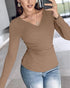 ChicMe Built-in Bra Notch Neck Long Sleeve Shirts Rib-Knit Ruched Waist Top khaki