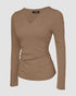 ChicMe Built-in Bra Notch Neck Long Sleeve Shirts Rib-Knit Ruched Waist Top khaki