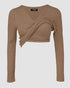 ChicMe Built-in Bra Notch Neck Long Sleeve Shirts Rib-Knit Ruched Waist Top khaki