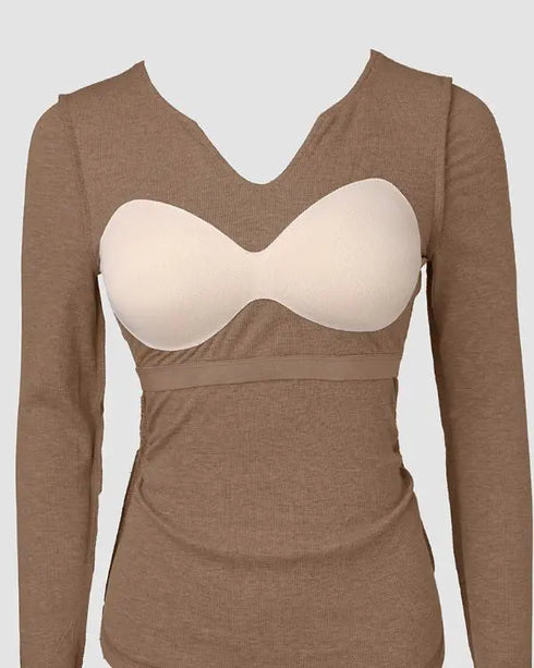 ChicMe Built-in Bra Notch Neck Long Sleeve Shirts Rib-Knit Ruched Waist Top khaki