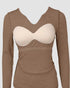 ChicMe Built-in Bra Notch Neck Long Sleeve Shirts Rib-Knit Ruched Waist Top khaki