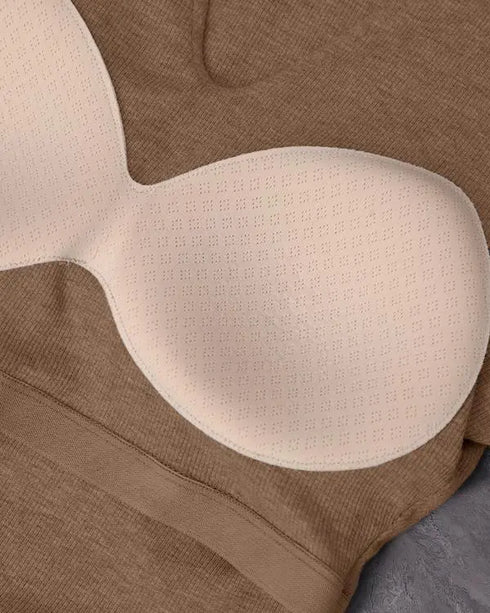 ChicMe Built-in Bra Notch Neck Long Sleeve Shirts Rib-Knit Ruched Waist Top khaki