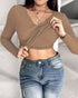 ChicMe Built-in Bra Notch Neck Long Sleeve Shirts Rib-Knit Ruched Waist Top khaki