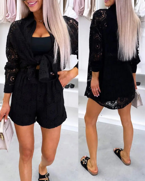 2 Pieces Outfit Turn-down Collar Lace Floral Hollow-out Button Front Top and Casual Elastic Waist Shorts Set With Lining black