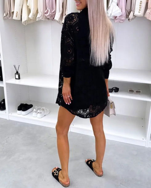 2 Pieces Outfit Turn-down Collar Lace Floral Hollow-out Button Front Top and Casual Elastic Waist Shorts Set With Lining black