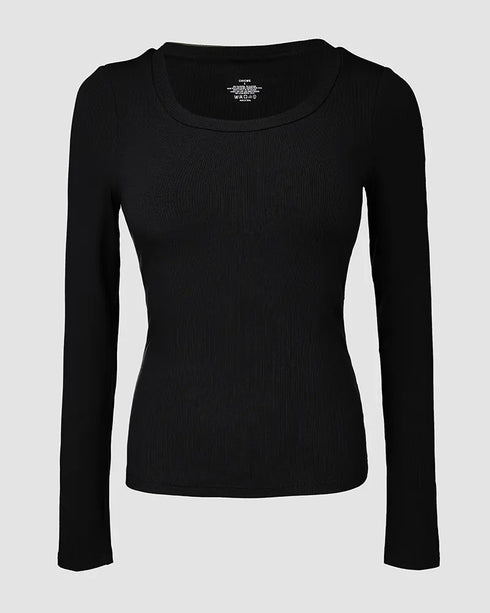 ChicMe Built-in Bra U-Neck Long Sleeve Ribbed Top black