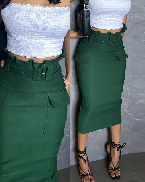 Ruffle Trim High Waist Slit Back Cargo Skirt Casual Flap Pockets Design Zipper Back Skirt Army green