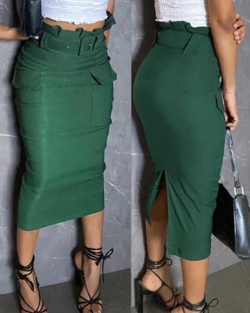 Ruffle Trim High Waist Slit Back Cargo Skirt Casual Flap Pockets Design Zipper Back Skirt Army green