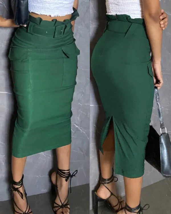 Ruffle Trim High Waist Slit Back Cargo Skirt Casual Flap Pockets Design Zipper Back Skirt Army green