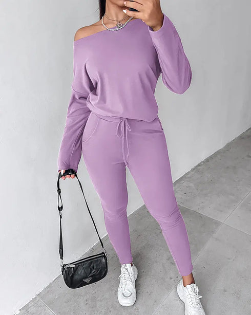 2 Pieces Outfit NOPE. not today Slogan Print Skew Neck Long Sleeve Pullover Top and Casual Drawstring Stretchy Waist Slim Fit Pants Set purple