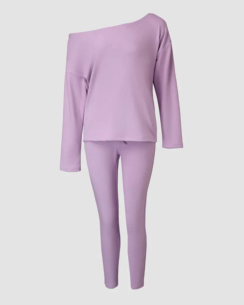 Anchor Print Striped Skew Neck Top & Pants Set purple