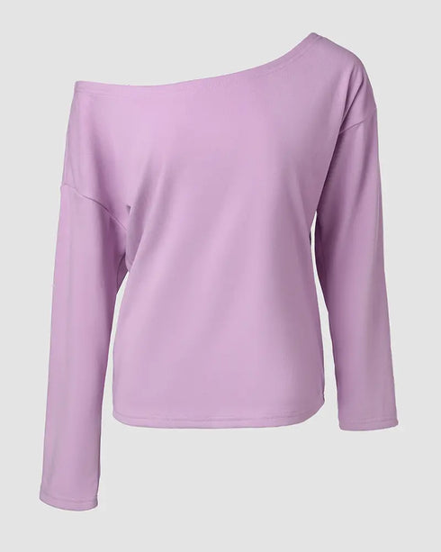 2 Pieces Outfit Long Sleeve Skew Neck Pullover Top and Drawstring Elastic Waist Slim Fit Pants Set purple