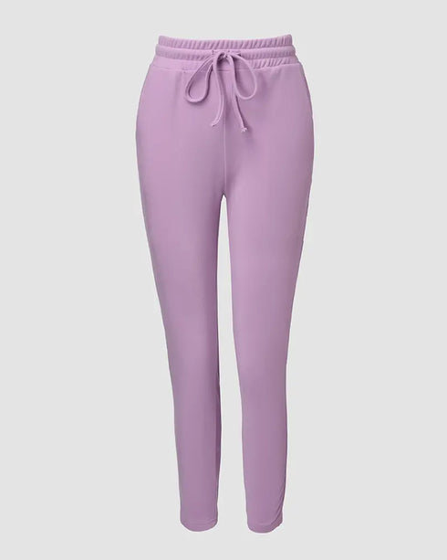 2 Pieces Outfit Long Sleeve Skew Neck Pullover Top and Drawstring Elastic Waist Slim Fit Pants Set purple