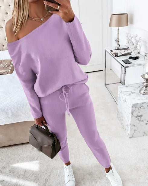 2 Pieces Outfit Long Sleeve Skew Neck Pullover Top and Drawstring Elastic Waist Slim Fit Pants Set purple