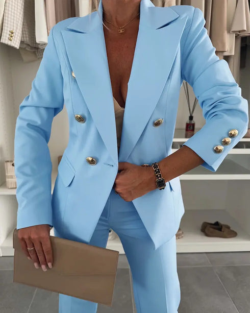 2 Pieces Outfit Metal Ring Decor Notched Collar Cinched Waist Wrap Front Coat and Zipper Fly Elastic Back Waist Pants Set Casual Blazer Set sky blue