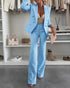 2 Pieces Outfit Metal Ring Decor Notched Collar Cinched Waist Wrap Front Coat and Zipper Fly Elastic Back Waist Pants Set Casual Blazer Set sky blue