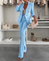 2 Pieces Outfit Notched Collar Double-Breasted Flap Detail Coat and Zipper Fly Elastic Back Waist Slim Fit Flared Pants Set Casual Blazer Set sky blue